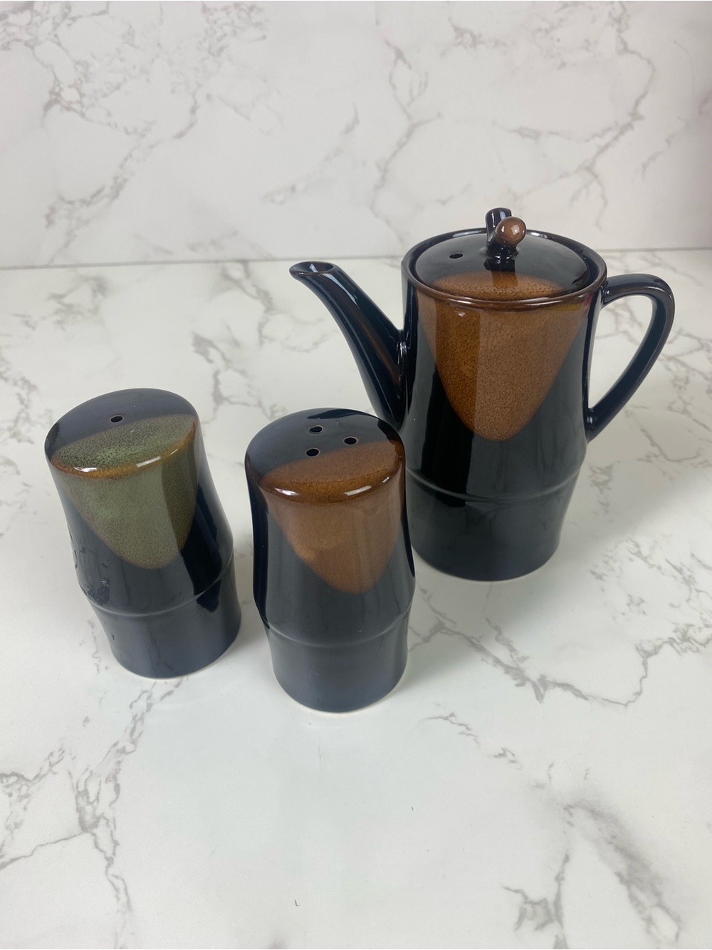 Vintage Japanese 70s Soy Sauce Pitcher and Salt and Pepper Shaker brown Glaze